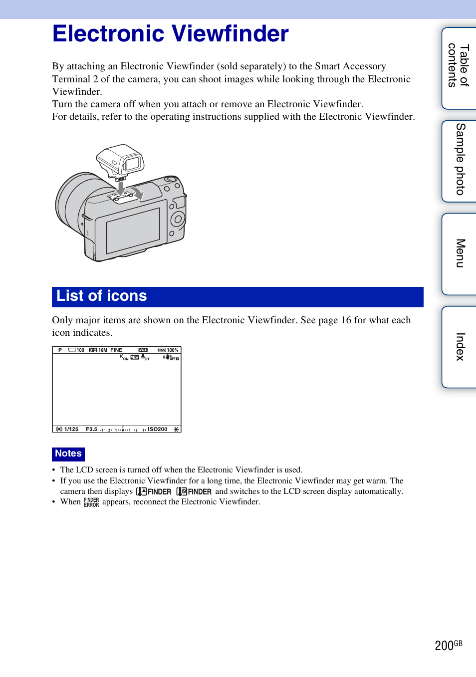 Electronic viewfinder, List of icons | Sony NEX-F3 User Manual | Page 200 / 206