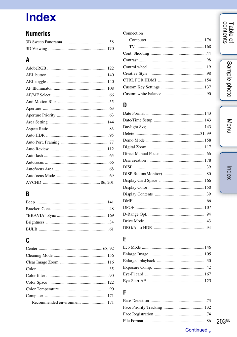 Index, Numerics | Sony NEX-F3 User Manual | Page 203 / 206