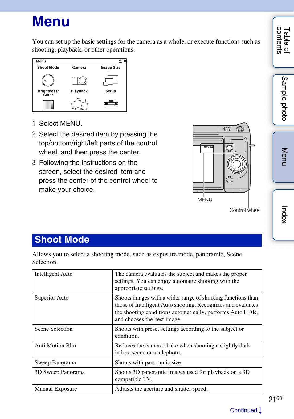 Menu, Using functions in the menu, Shoot mode | Sony NEX-F3 User Manual | Page 21 / 206