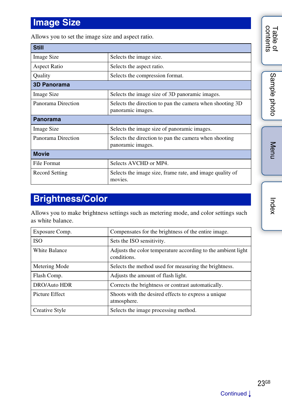 Image size, Brightness/color | Sony NEX-F3 User Manual | Page 23 / 206