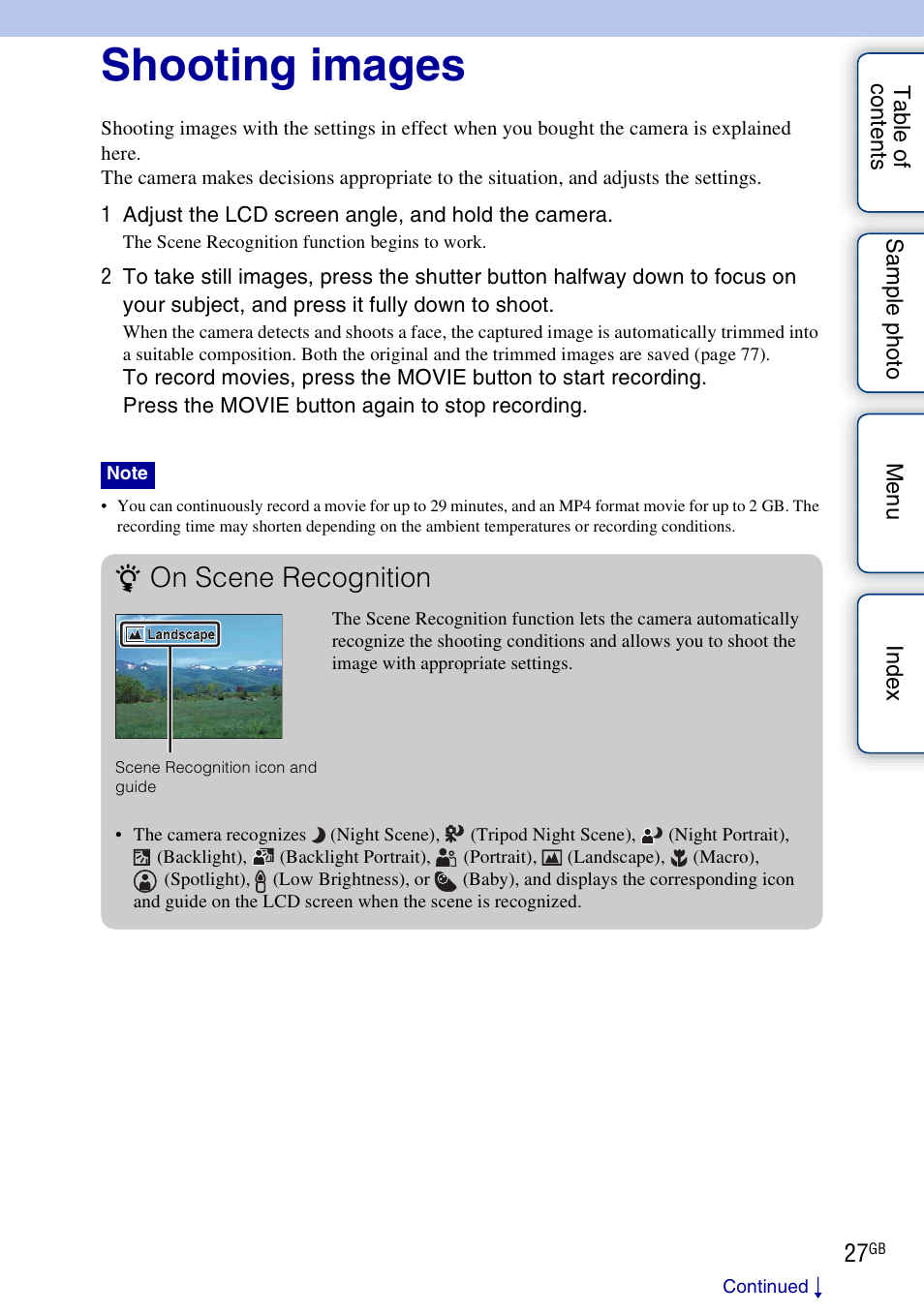 Shooting images, On scene recognition | Sony NEX-F3 User Manual | Page 27 / 206