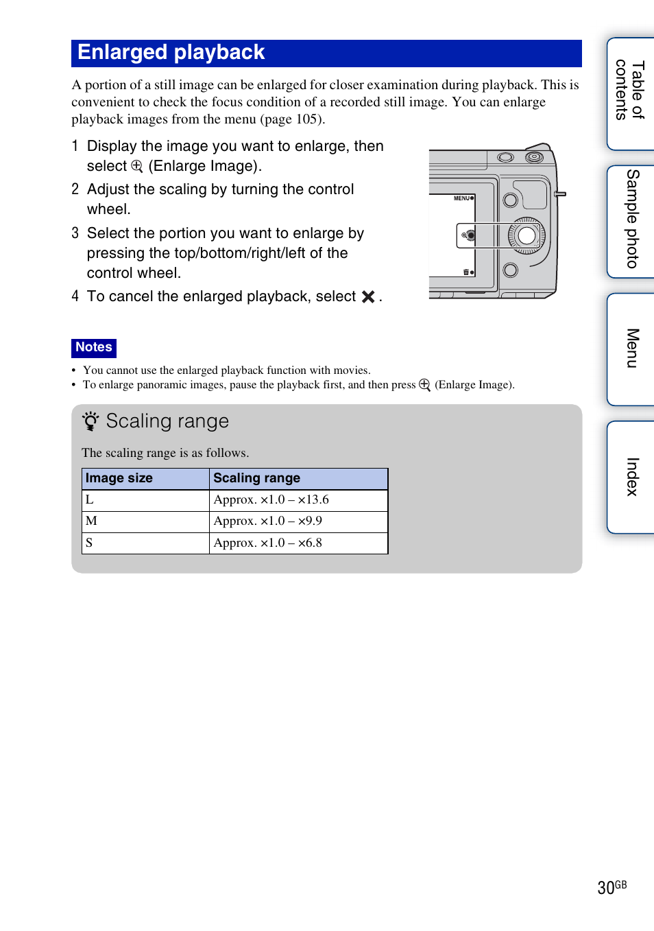 Enlarged playback, Scaling range | Sony NEX-F3 User Manual | Page 30 / 206