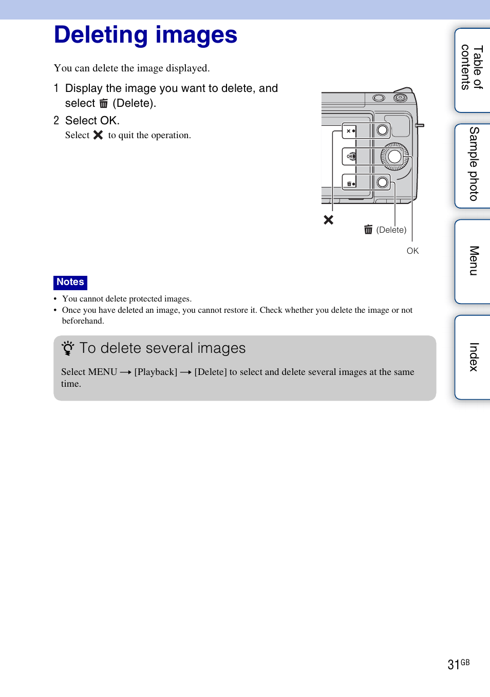 Deleting images | Sony NEX-F3 User Manual | Page 31 / 206