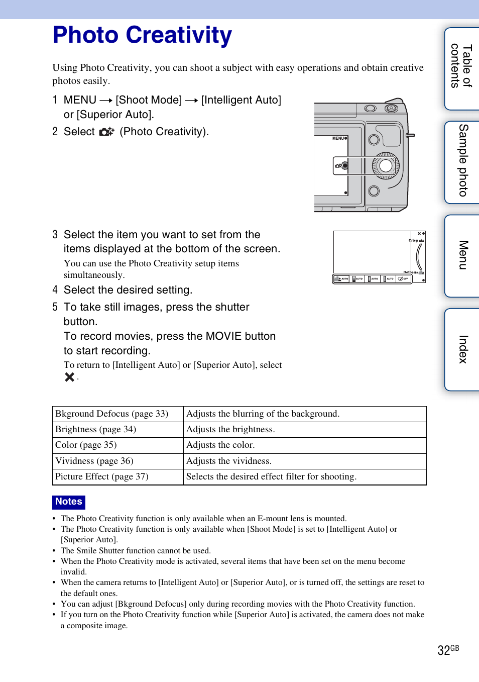 Photo creativity, Using the photo creativity function | Sony NEX-F3 User Manual | Page 32 / 206