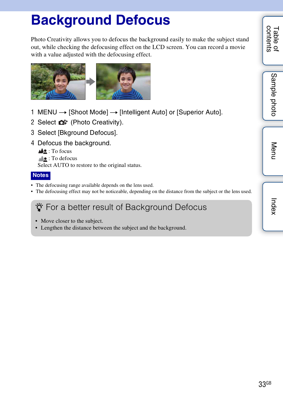 Background defocus, Ay (33), Ound (33) | For a better result of background defocus | Sony NEX-F3 User Manual | Page 33 / 206