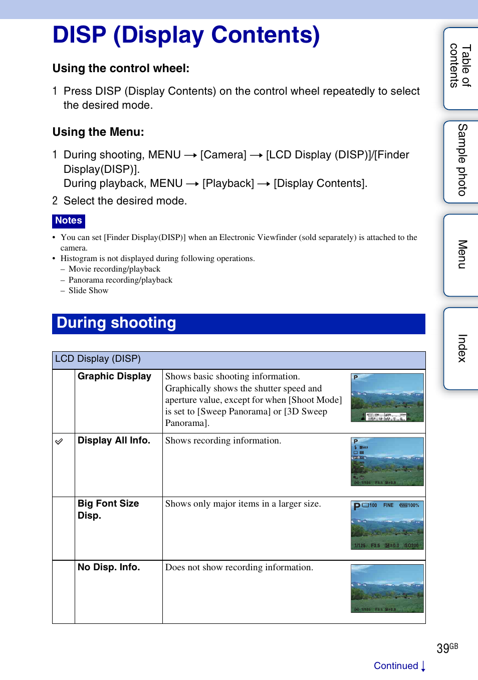 Disp (display contents), Using functions with the control wheel, Lcd display (disp) | During shooting | Sony NEX-F3 User Manual | Page 39 / 206