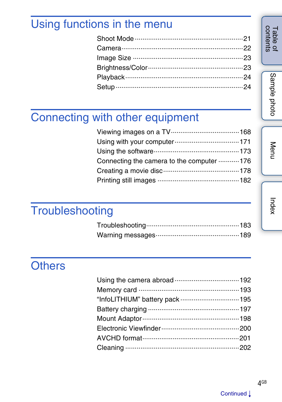 Using functions in the menu, Connecting with other equipment, Troubleshooting | Others | Sony NEX-F3 User Manual | Page 4 / 206