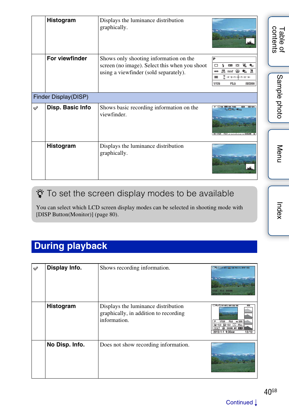 Finder display(disp), During playback, Display contents | Sony NEX-F3 User Manual | Page 40 / 206