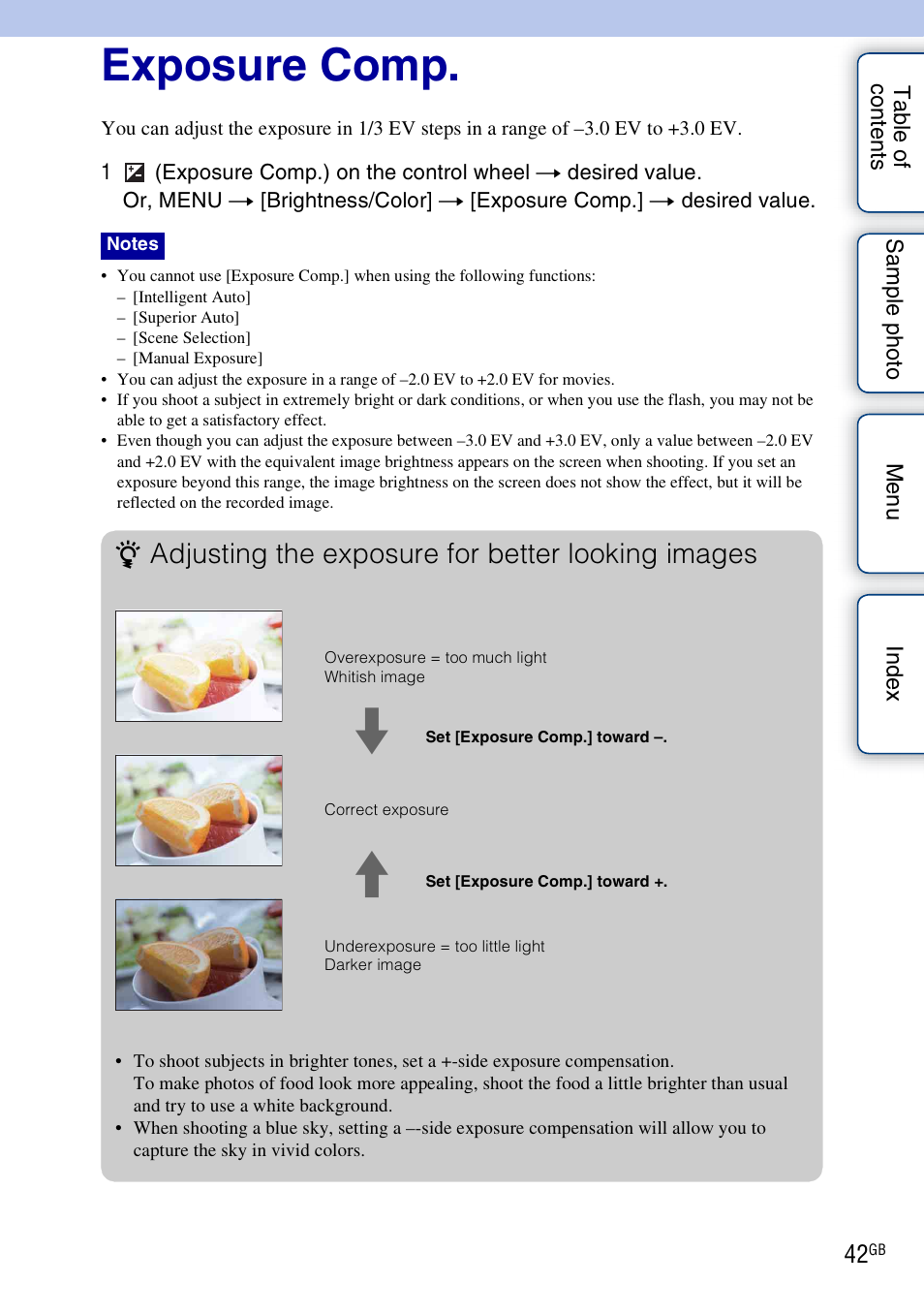 Exposure comp, Exposure comp.), G (42) | Adjusting the exposure for better looking images | Sony NEX-F3 User Manual | Page 42 / 206