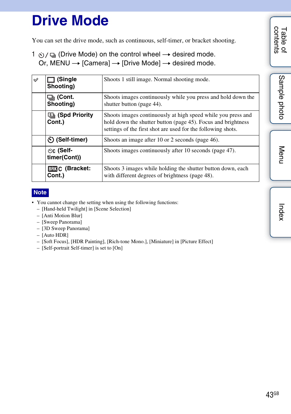 Drive mode, Drive mode) | Sony NEX-F3 User Manual | Page 43 / 206