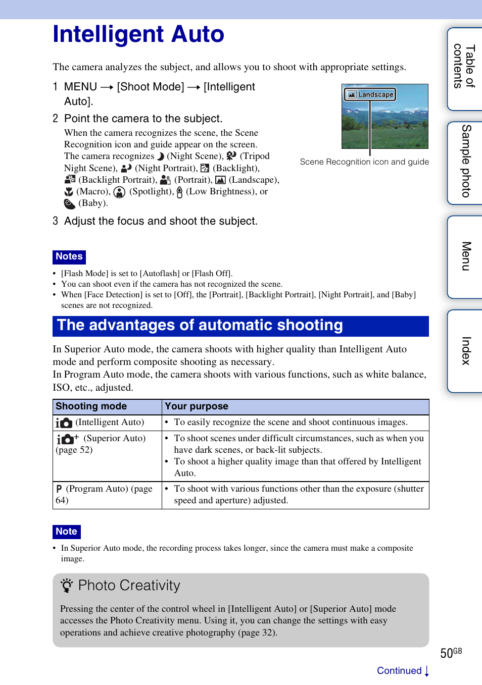 Intelligent auto, The advantages of automatic shooting, Photo creativity | Sony NEX-F3 User Manual | Page 50 / 206