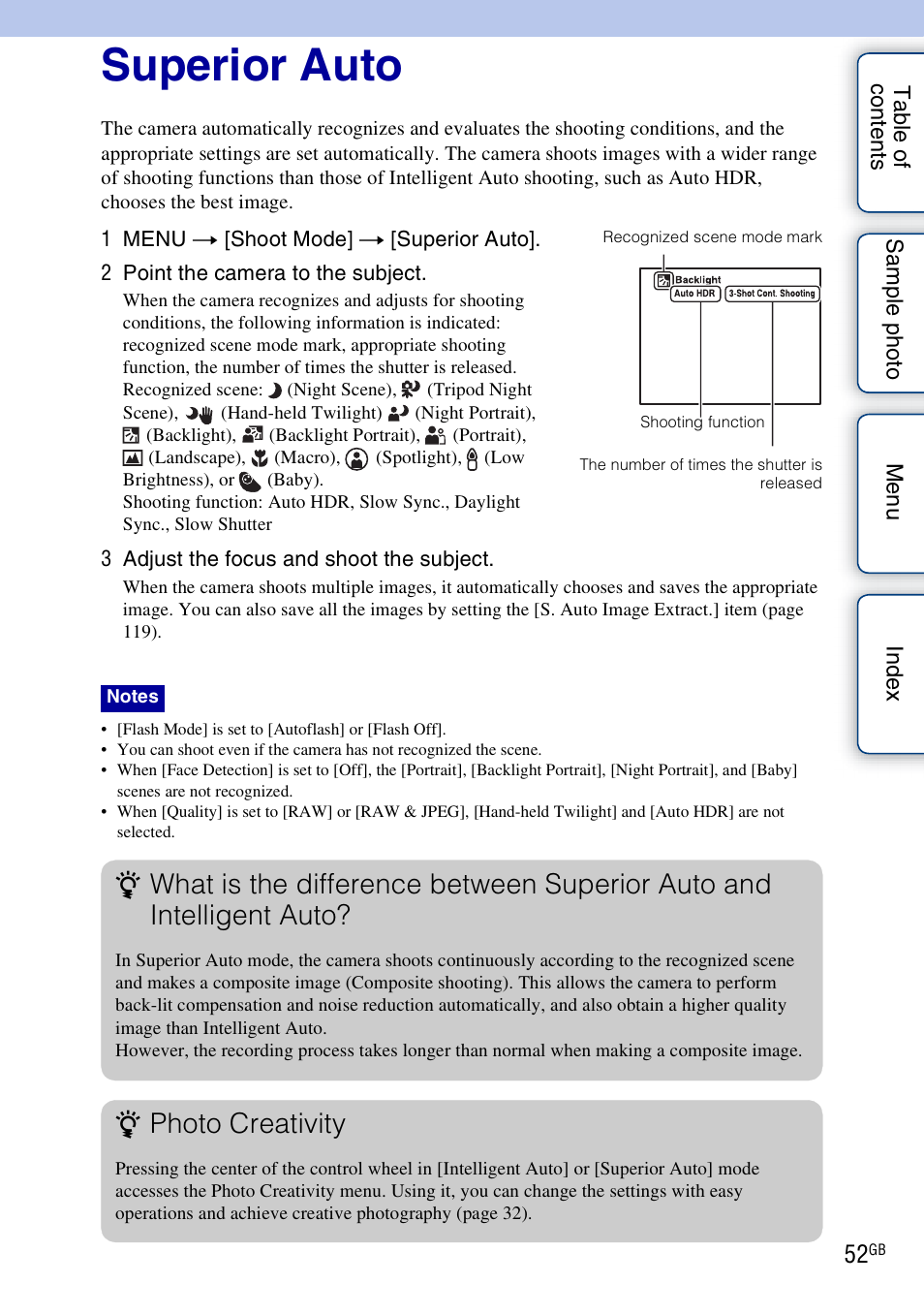 Superior auto, E 52), Photo creativity | Sony NEX-F3 User Manual | Page 52 / 206