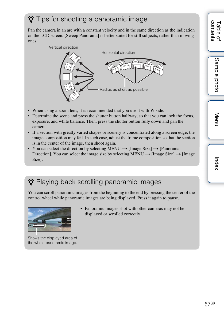 Tips for shooting a panoramic image, Playing back scrolling panoramic images | Sony NEX-F3 User Manual | Page 57 / 206