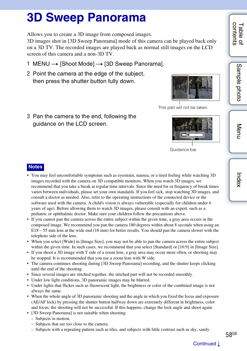 3d sweep panorama | Sony NEX-F3 User Manual | Page 58 / 206