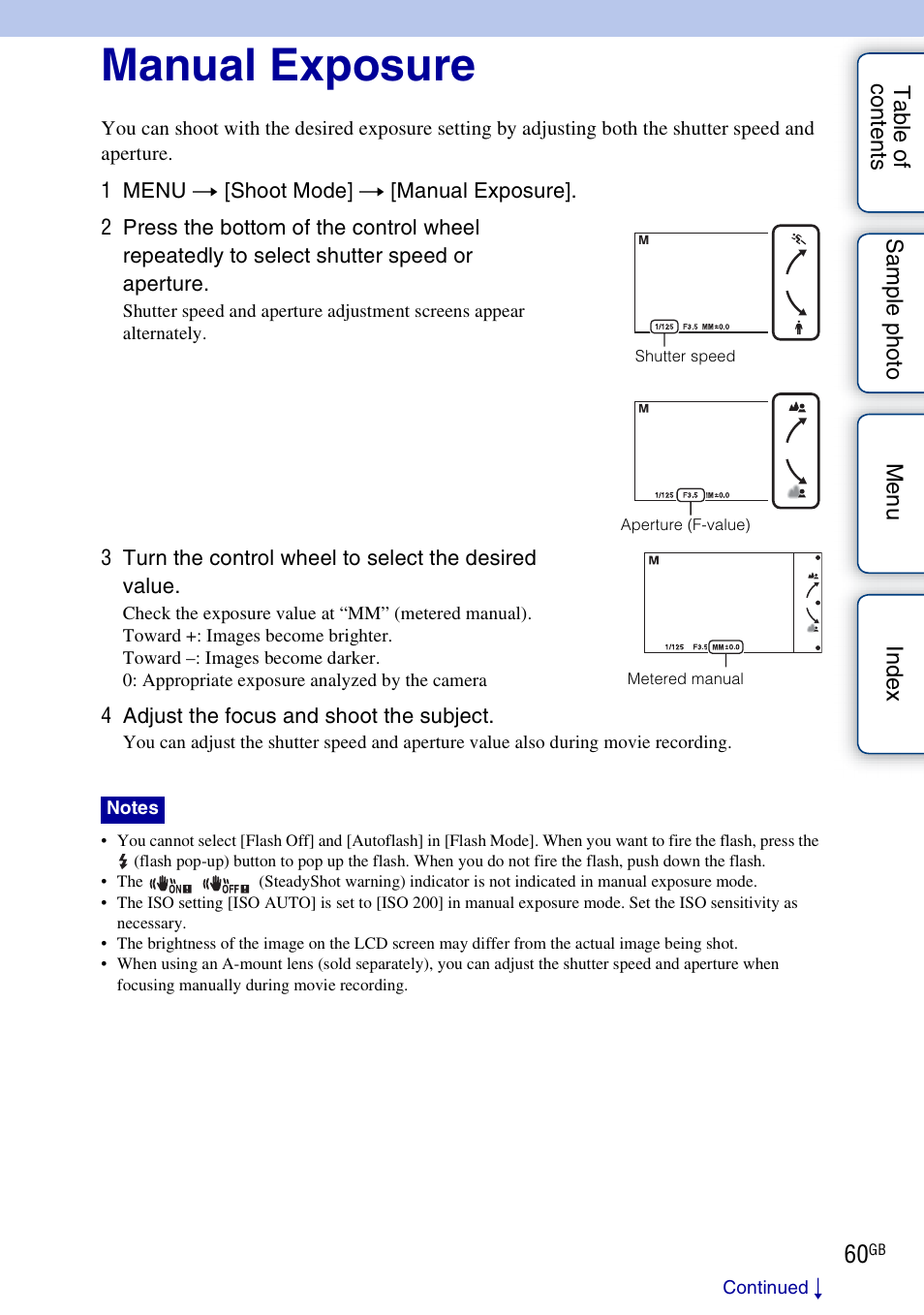 Manual exposure | Sony NEX-F3 User Manual | Page 60 / 206