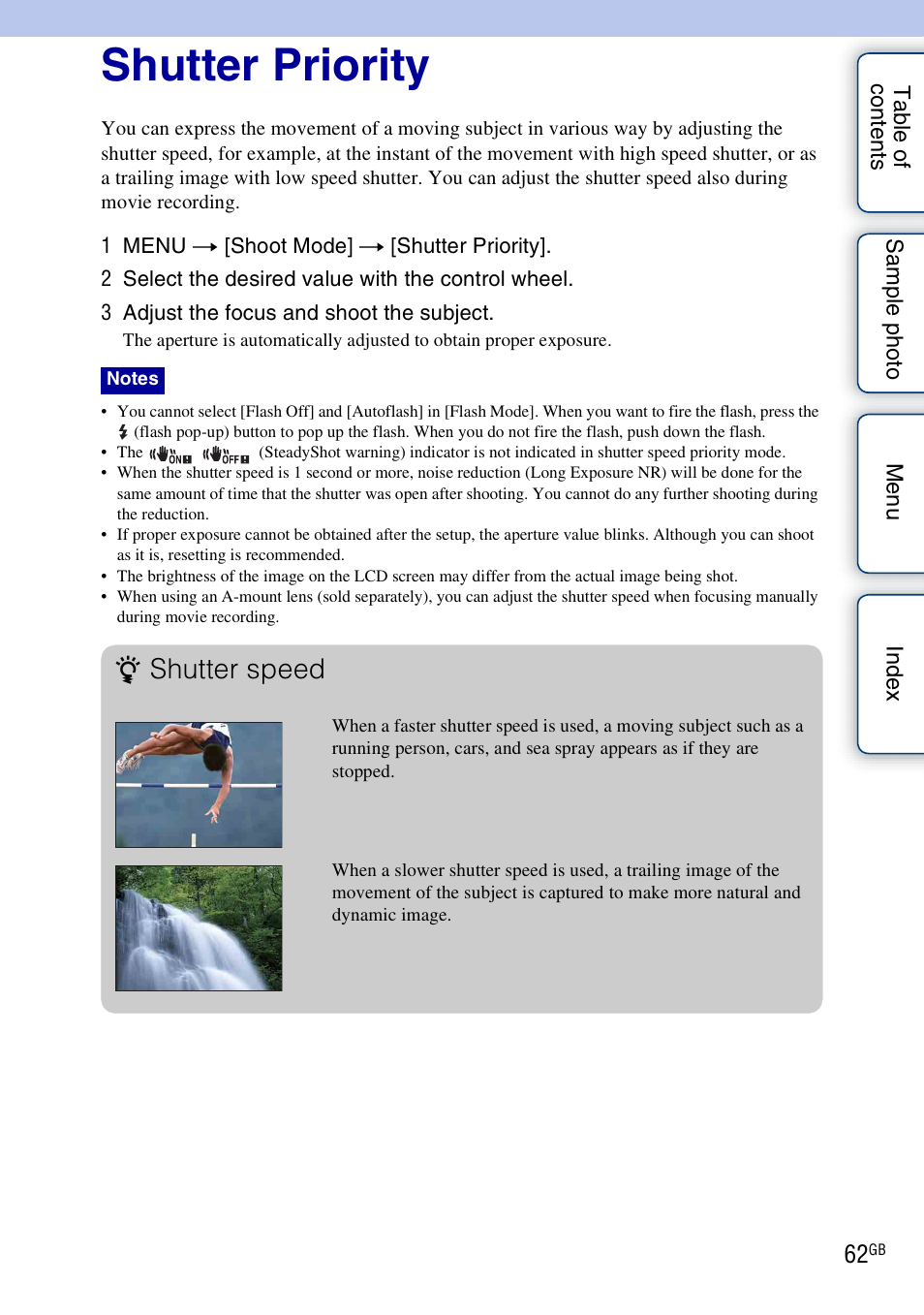 Shutter priority, Shutter speed | Sony NEX-F3 User Manual | Page 62 / 206