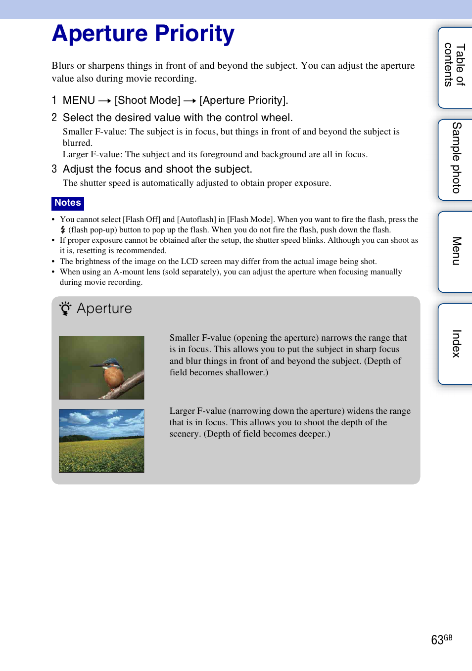 Aperture priority, Aperture | Sony NEX-F3 User Manual | Page 63 / 206