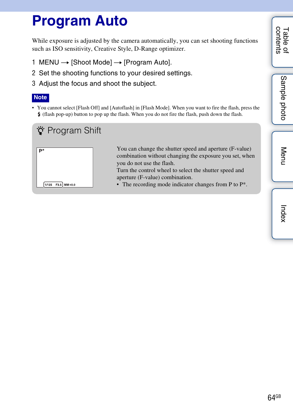Program auto, Program shift | Sony NEX-F3 User Manual | Page 64 / 206
