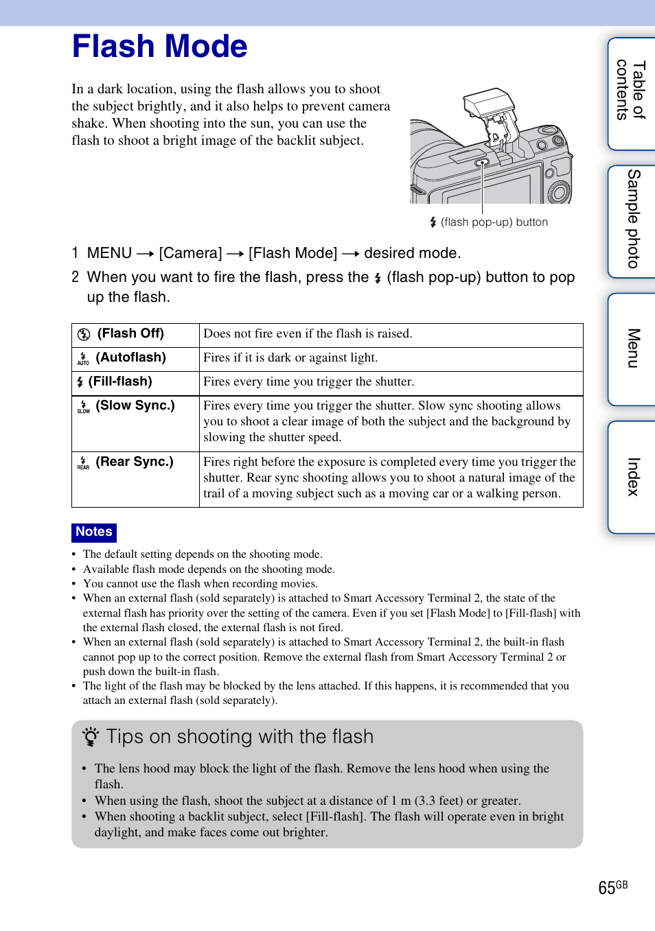 Flash mode, Nd (65, Tips on shooting with the flash | Sony NEX-F3 User Manual | Page 65 / 206