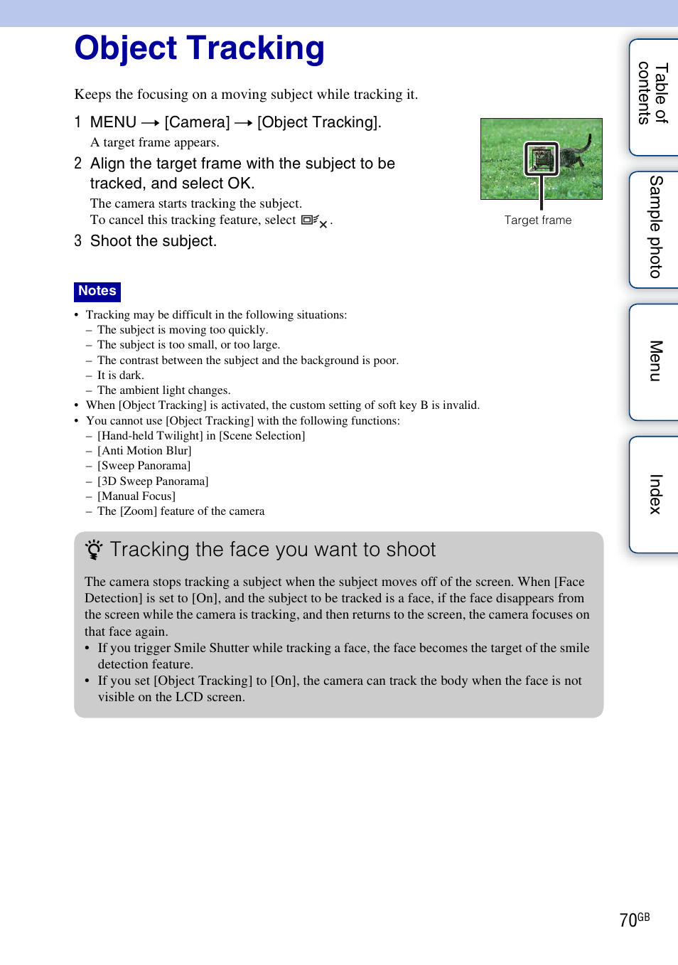 Object tracking, Tracking the face you want to shoot | Sony NEX-F3 User Manual | Page 70 / 206