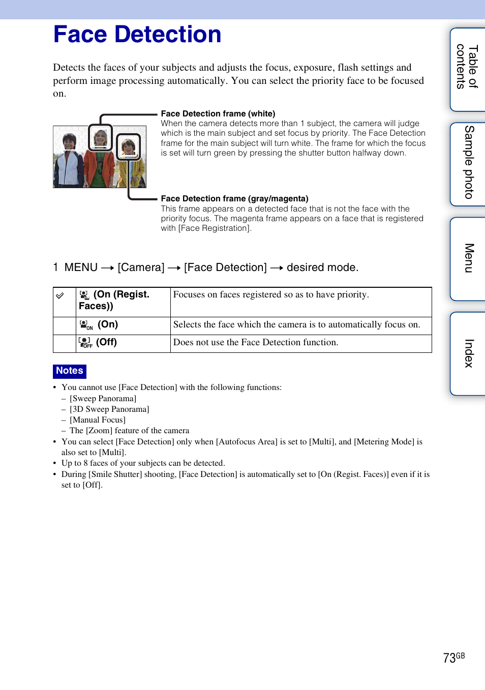 Face detection | Sony NEX-F3 User Manual | Page 73 / 206