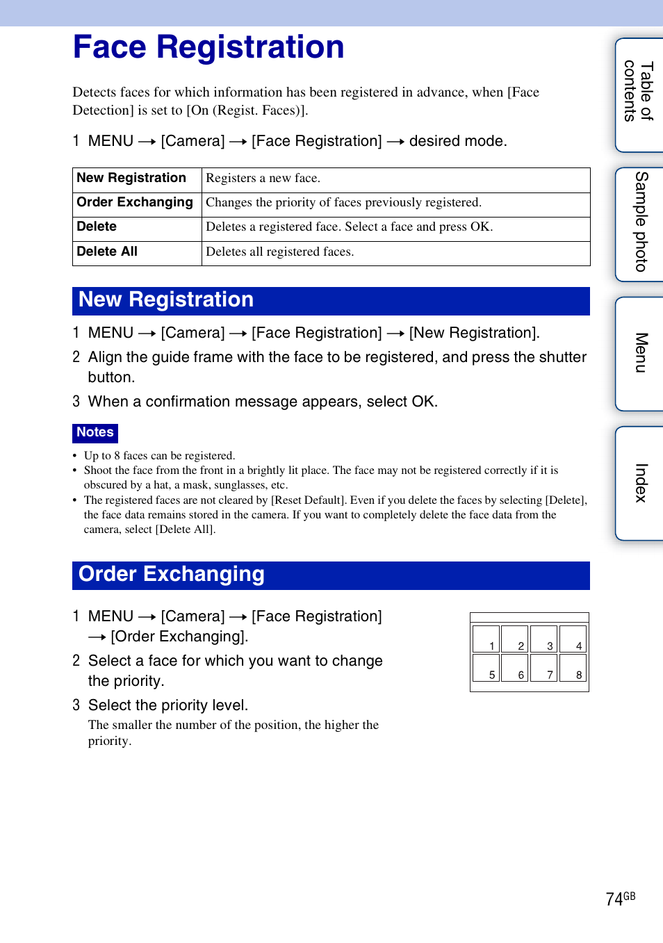 Face registration, New registration, Order exchanging | Sony NEX-F3 User Manual | Page 74 / 206