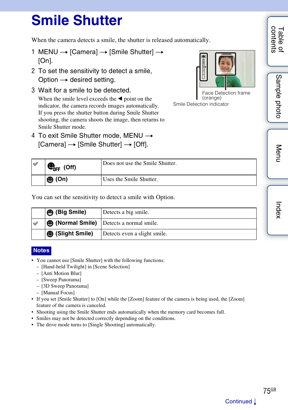 Smile shutter | Sony NEX-F3 User Manual | Page 75 / 206
