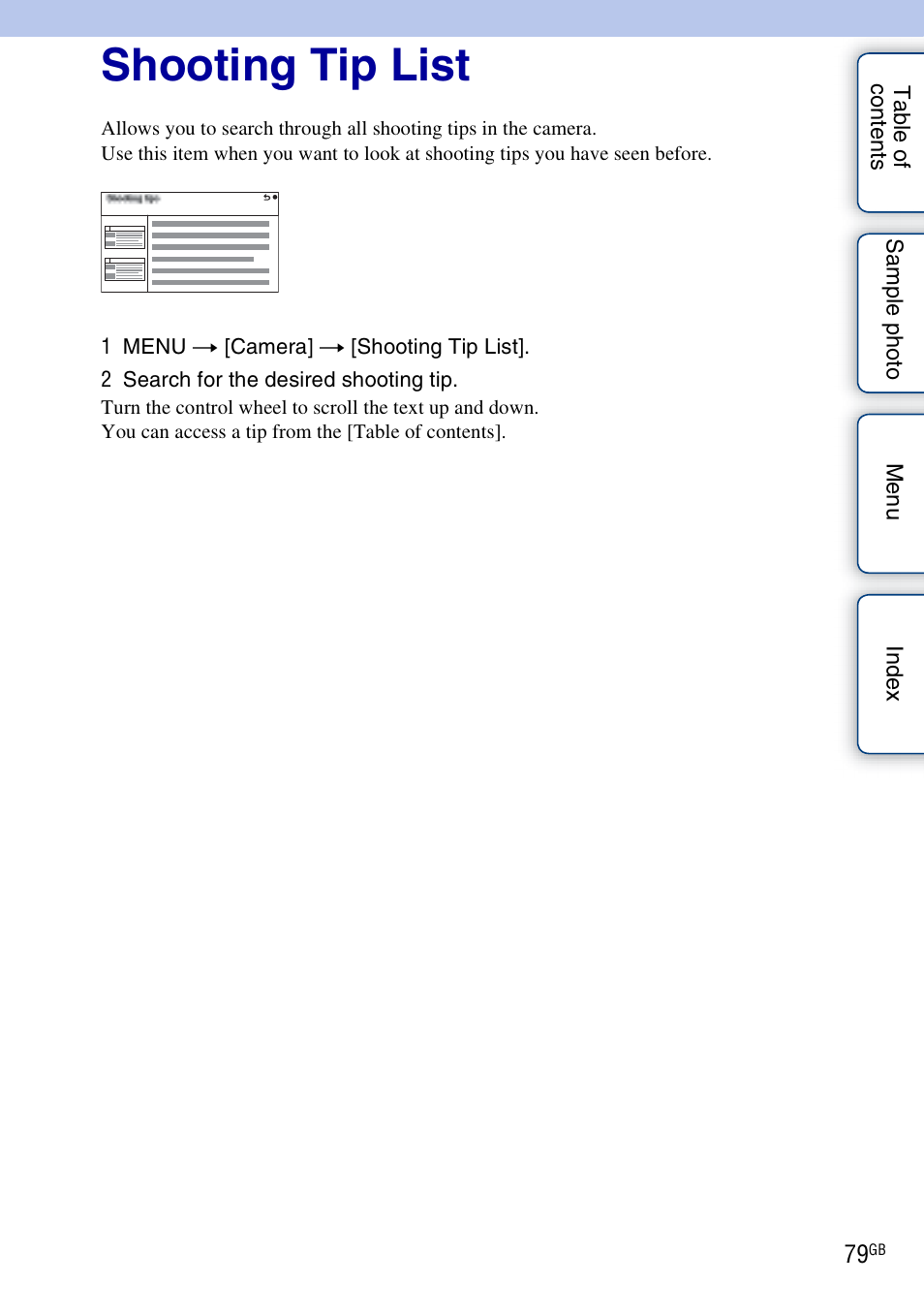 Shooting tip list | Sony NEX-F3 User Manual | Page 79 / 206