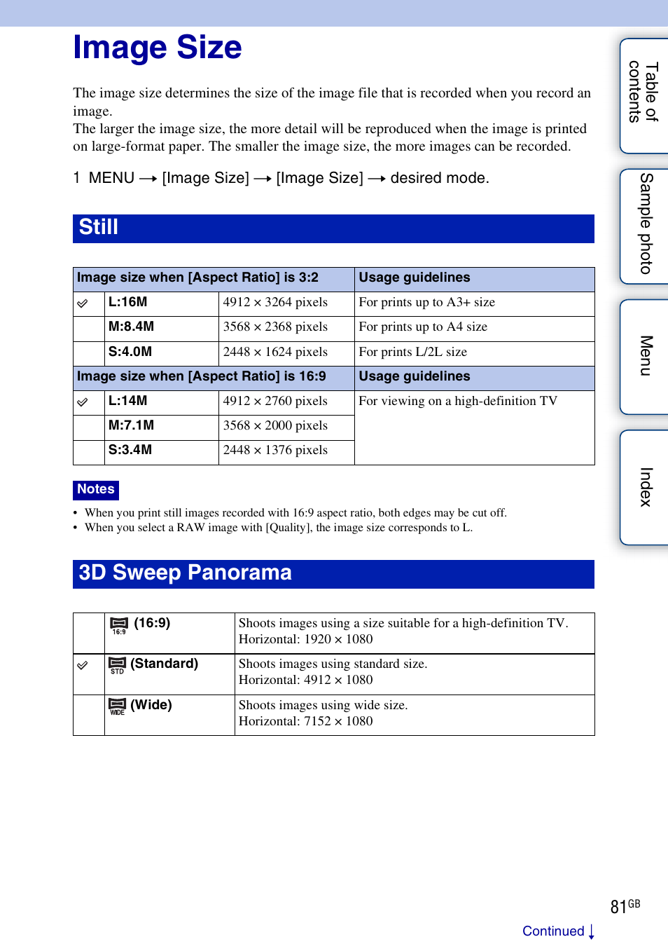 Image size, E 81, Still | 3d sweep panorama | Sony NEX-F3 User Manual | Page 81 / 206