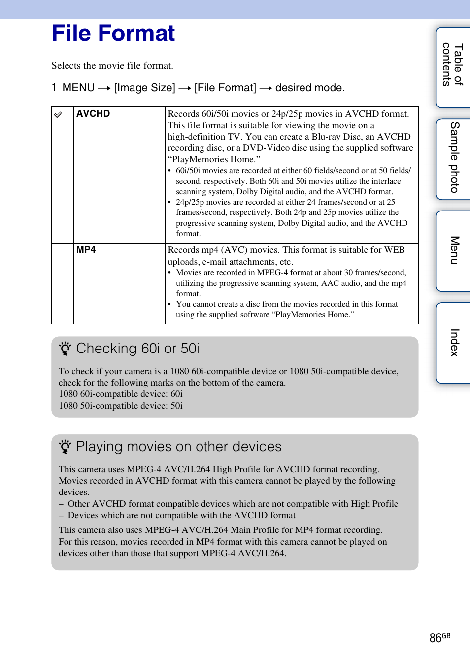 File format, Checking 60i or 50i, Playing movies on other devices | Sony NEX-F3 User Manual | Page 86 / 206