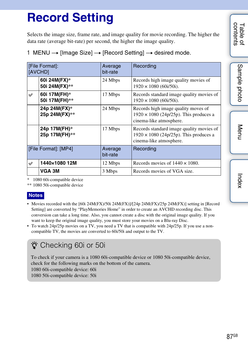 Record setting, Checking 60i or 50i | Sony NEX-F3 User Manual | Page 87 / 206
