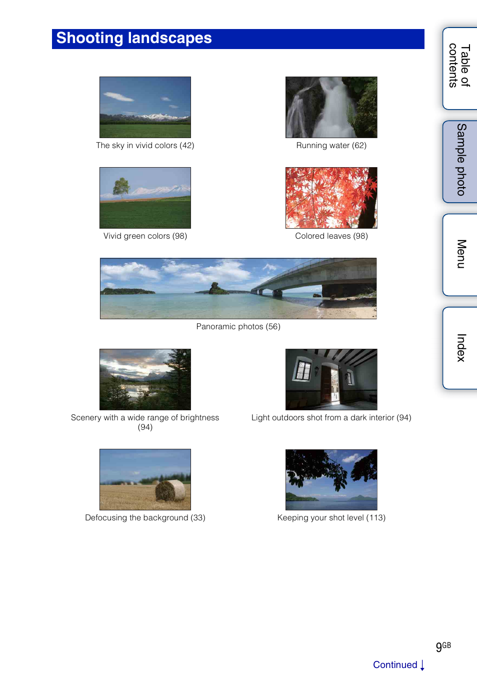 Shooting landscapes (p, E 9) | Sony NEX-F3 User Manual | Page 9 / 206