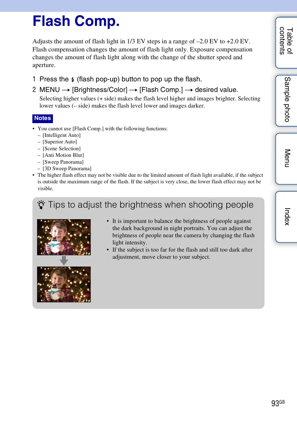 Flash comp, Tips to adjust the brightness when shooting people | Sony NEX-F3 User Manual | Page 93 / 206