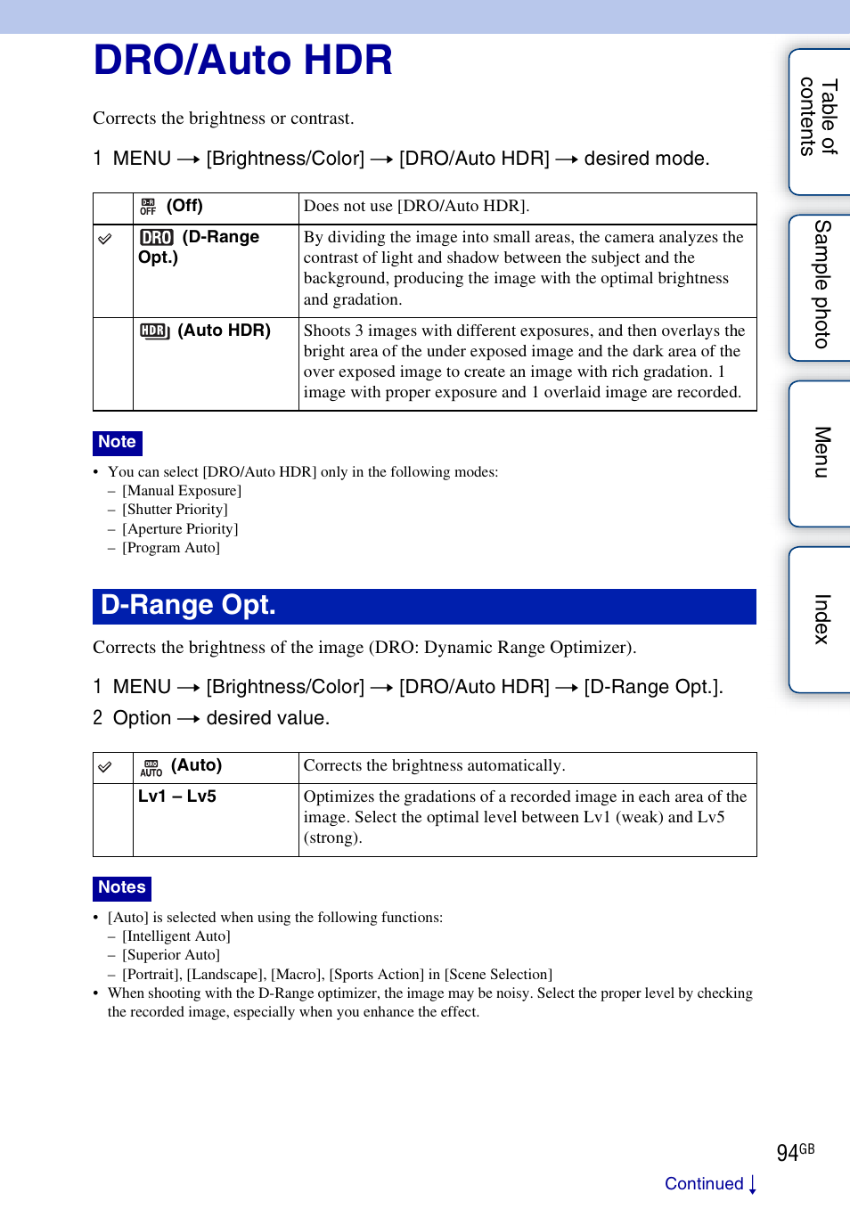 Dro/auto hdr, D-range opt | Sony NEX-F3 User Manual | Page 94 / 206
