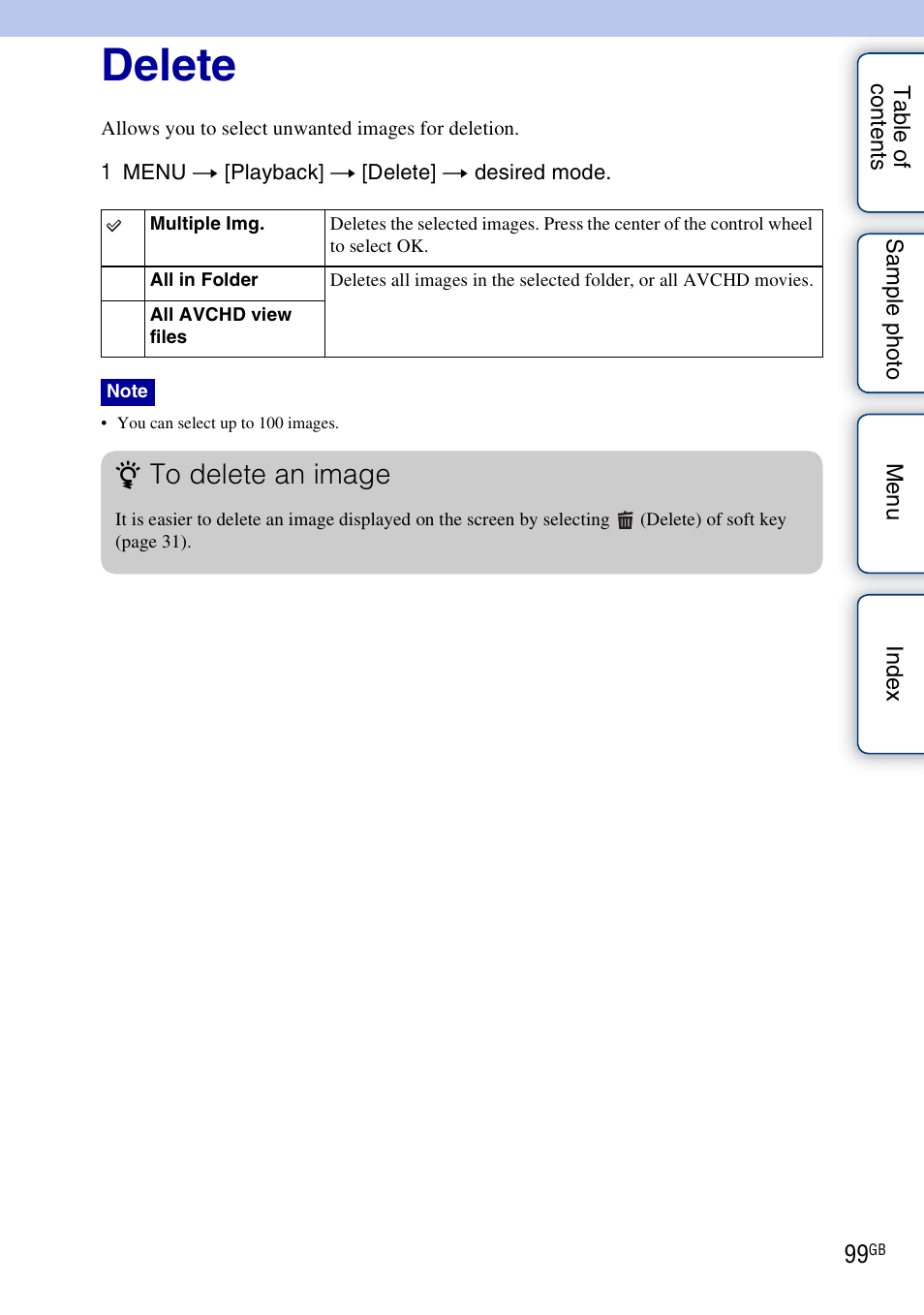Delete | Sony NEX-F3 User Manual | Page 99 / 206