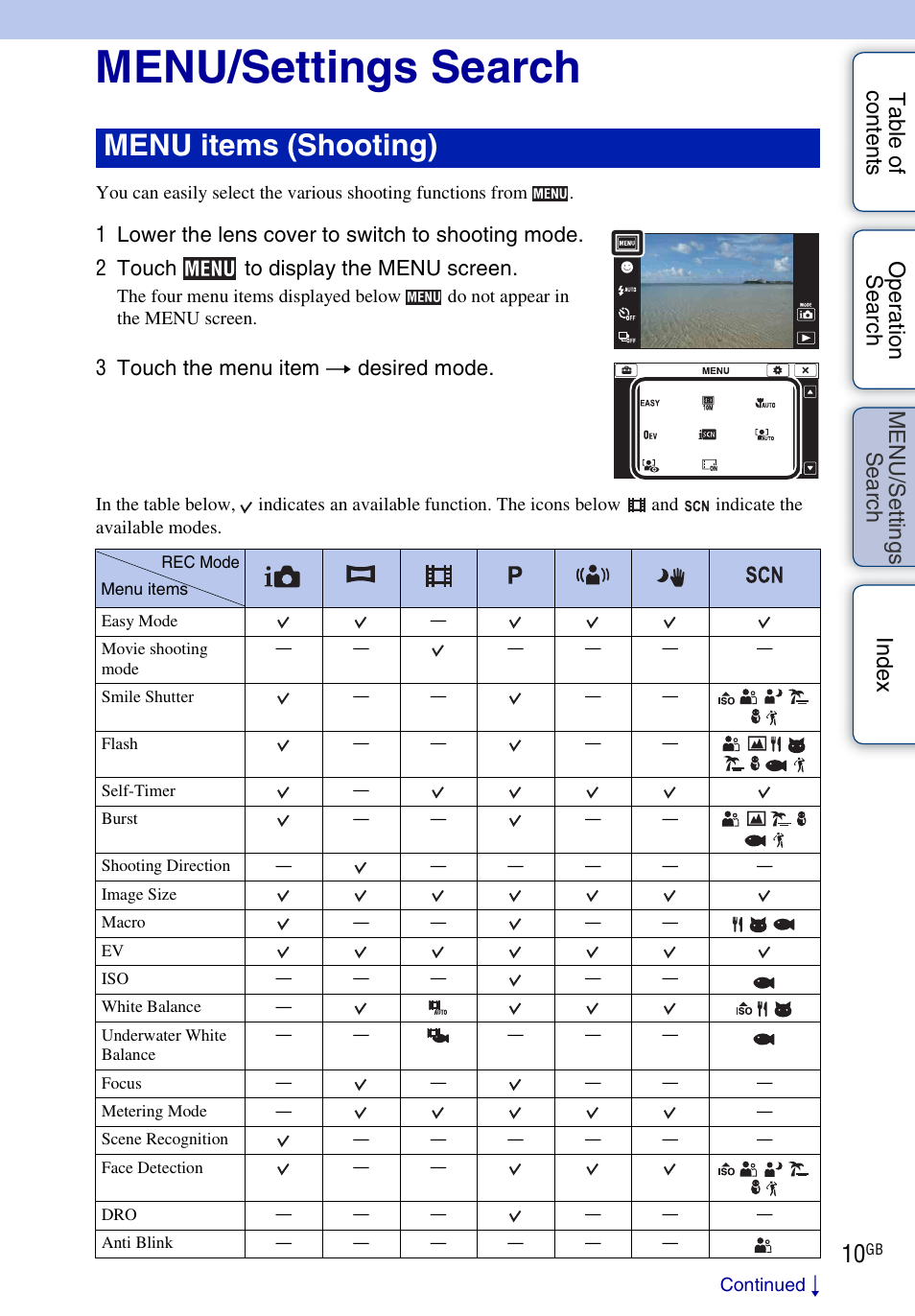 Menu/settings search, Se ar, Ttin | Menu items (shooting), 3 touch the menu item t desired mode | Sony DSC-TX1 User Manual | Page 10 / 150