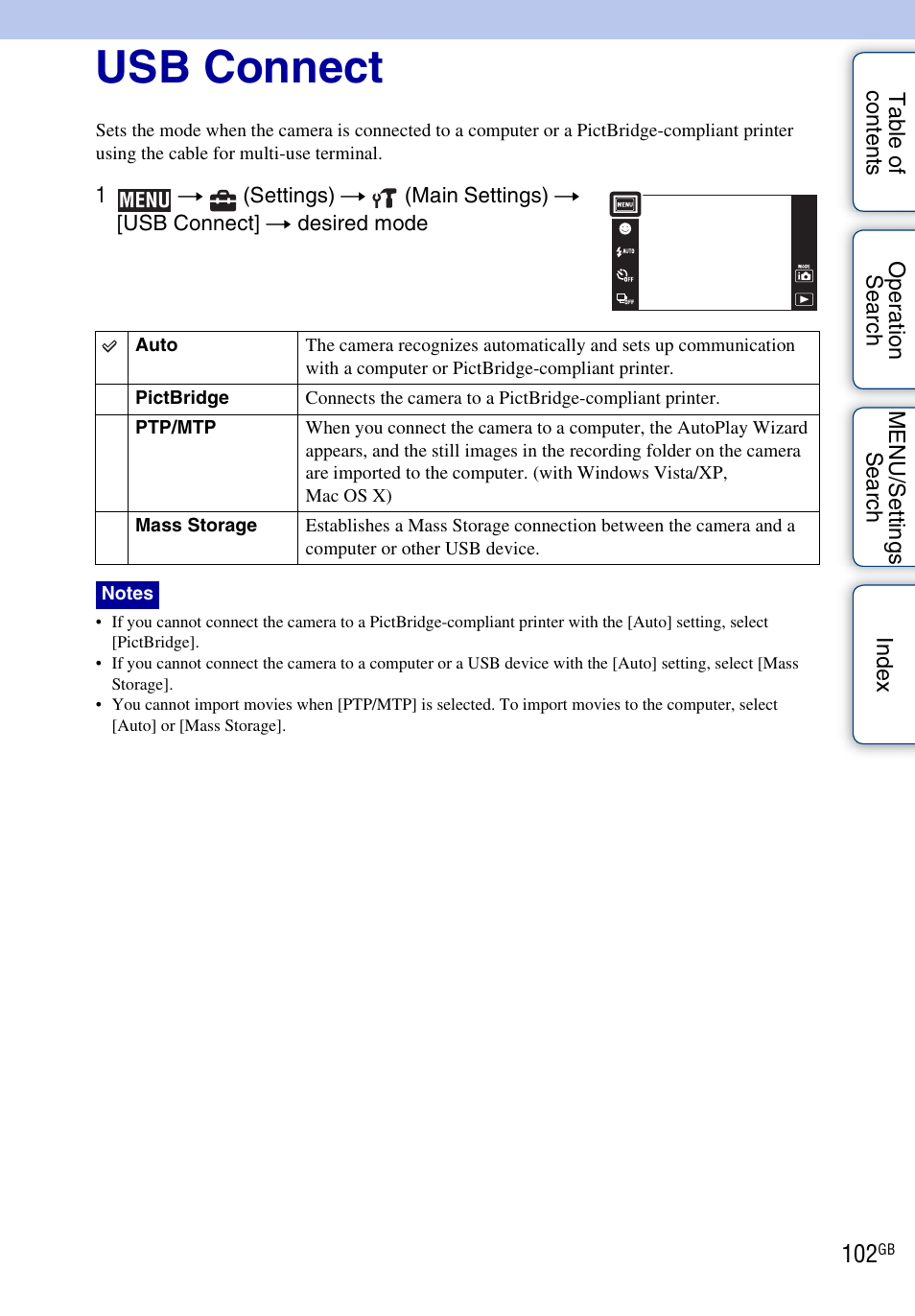 Usb connect | Sony DSC-TX1 User Manual | Page 102 / 150