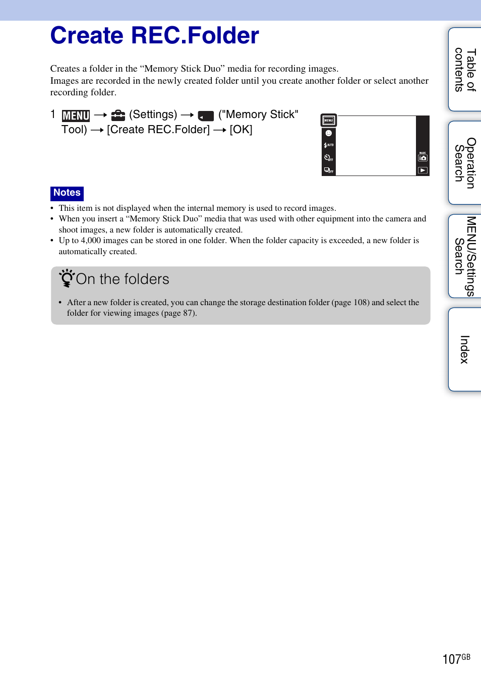 Create rec.folder, On the folders | Sony DSC-TX1 User Manual | Page 107 / 150