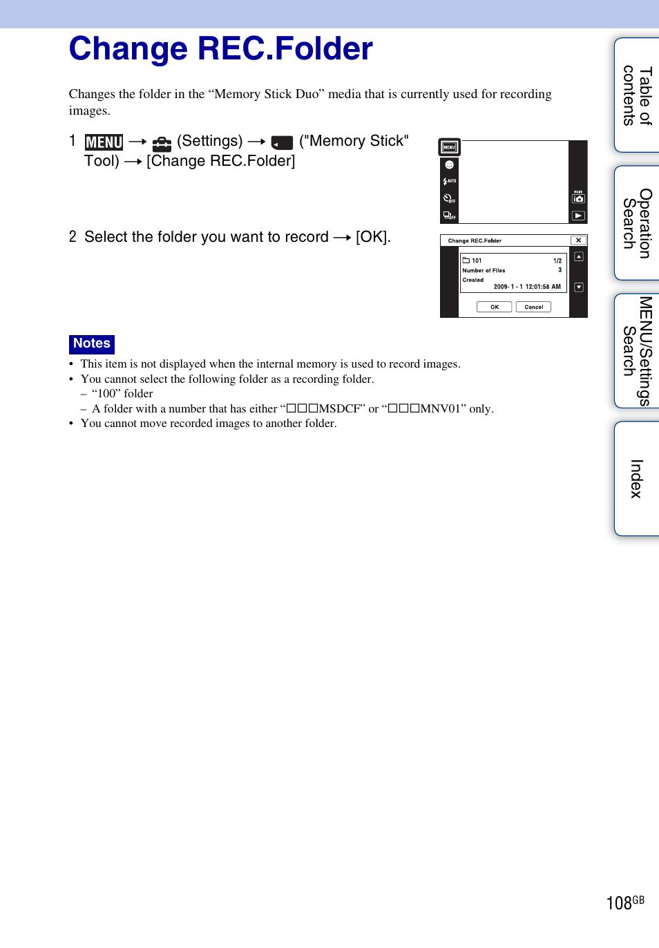 Change rec.folder | Sony DSC-TX1 User Manual | Page 108 / 150