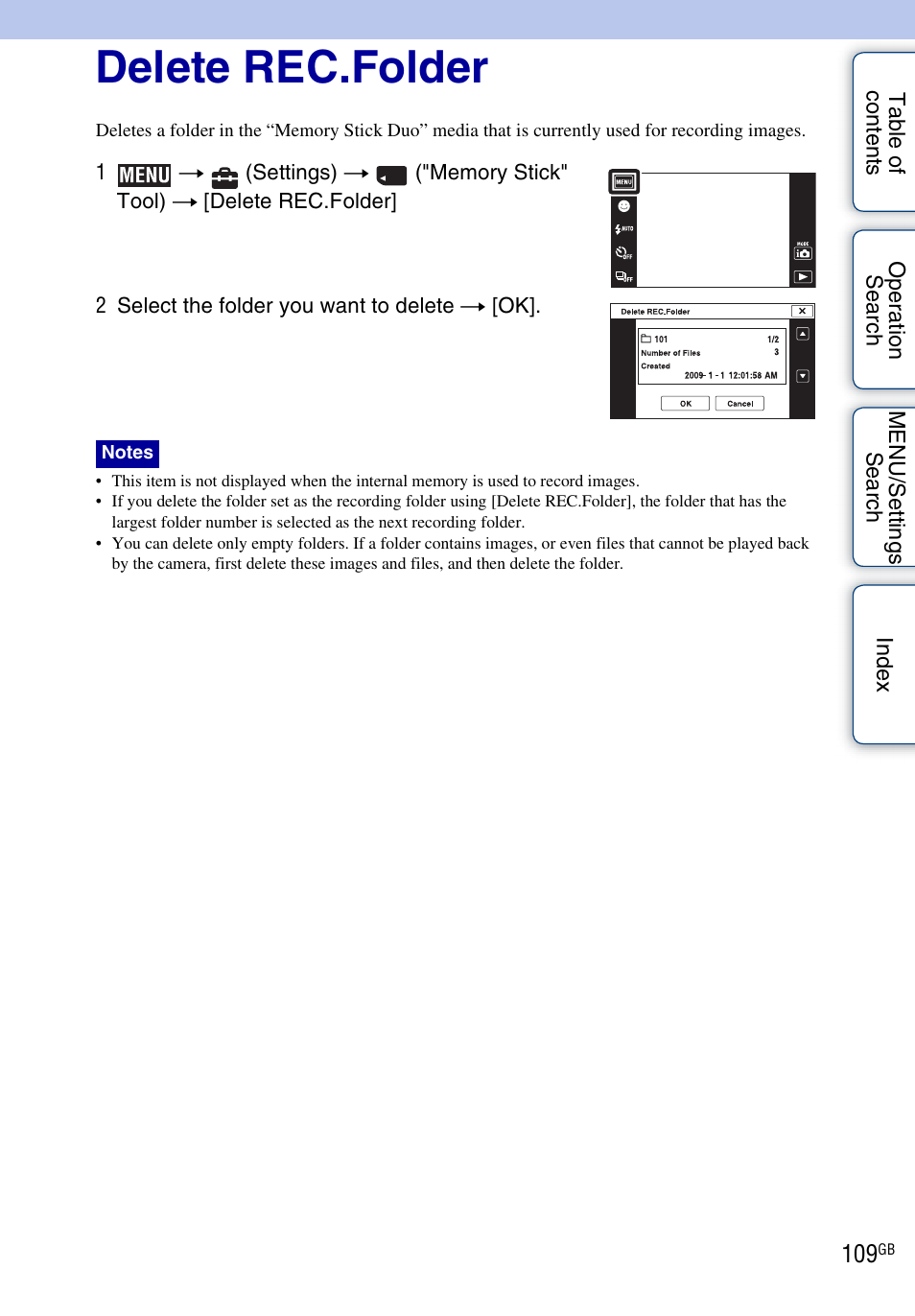 Delete rec.folder | Sony DSC-TX1 User Manual | Page 109 / 150