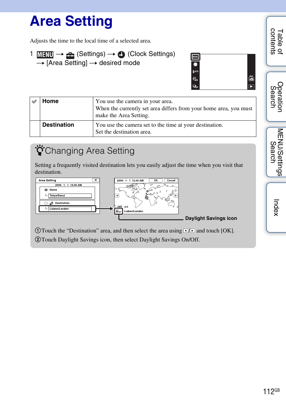Area setting, Changing area setting | Sony DSC-TX1 User Manual | Page 112 / 150
