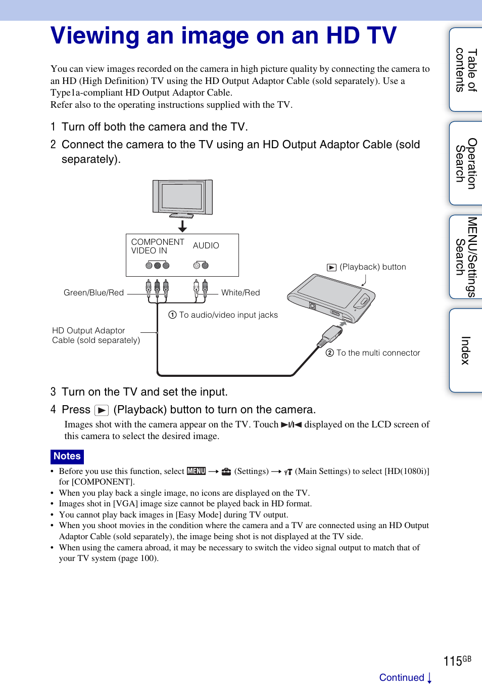 Viewing an image on an hd tv | Sony DSC-TX1 User Manual | Page 115 / 150