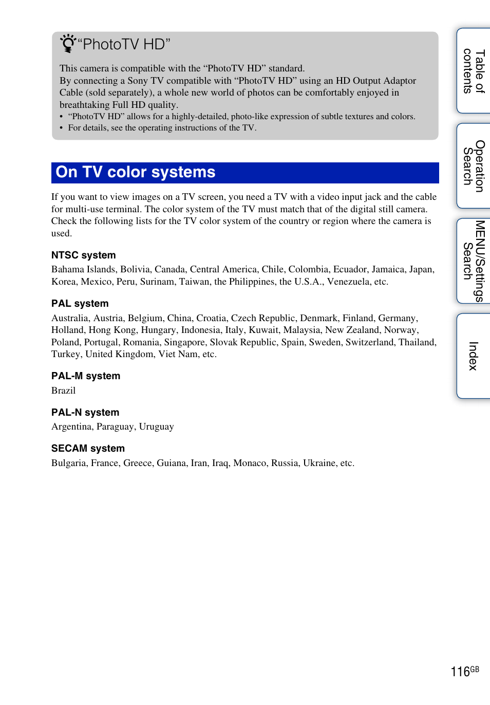 On tv color systems z, Phototv hd | Sony DSC-TX1 User Manual | Page 116 / 150