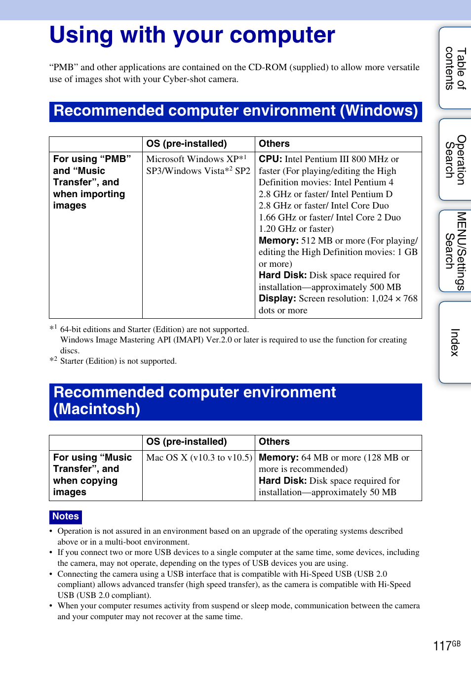 Using with your computer, Recommended computer environment (windows), Recommended computer environment (macintosh) | Sony DSC-TX1 User Manual | Page 117 / 150