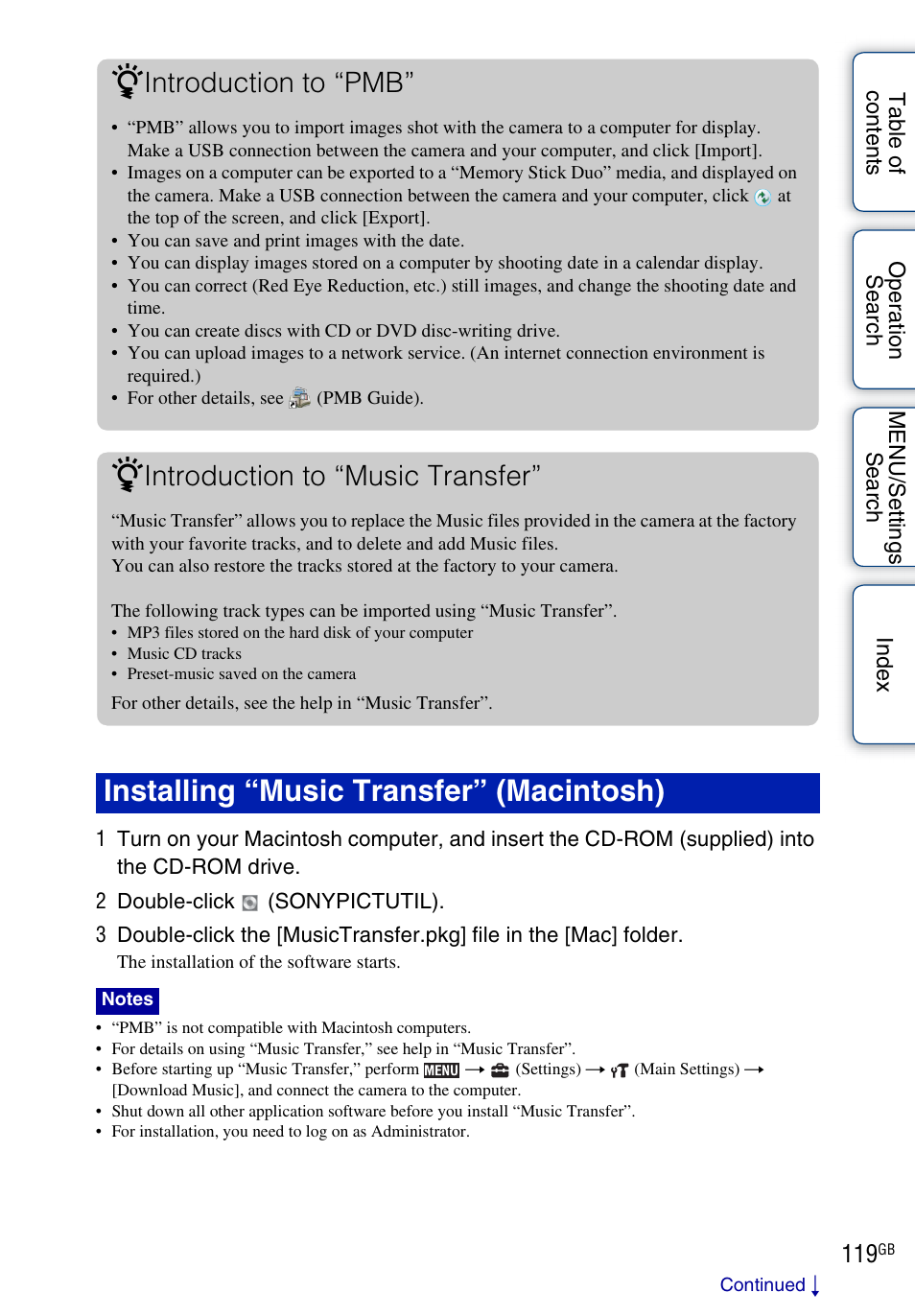 And 119, Installing “music transfer” (macintosh), Introduction to “pmb | Introduction to “music transfer | Sony DSC-TX1 User Manual | Page 119 / 150