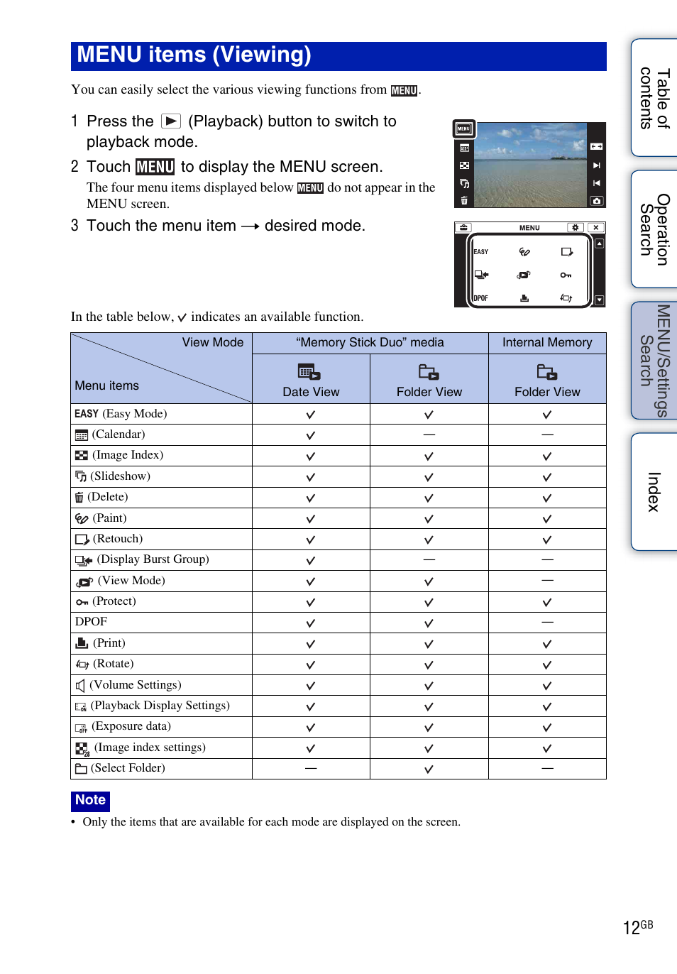 Menu items (viewing) | Sony DSC-TX1 User Manual | Page 12 / 150