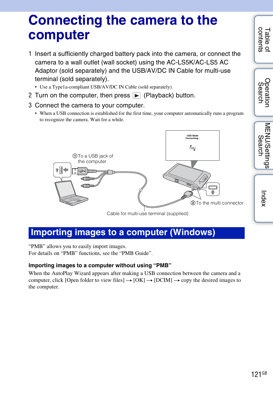 Connecting the camera to the computer, 121 w, Importing images to a computer (windows) | Sony DSC-TX1 User Manual | Page 121 / 150
