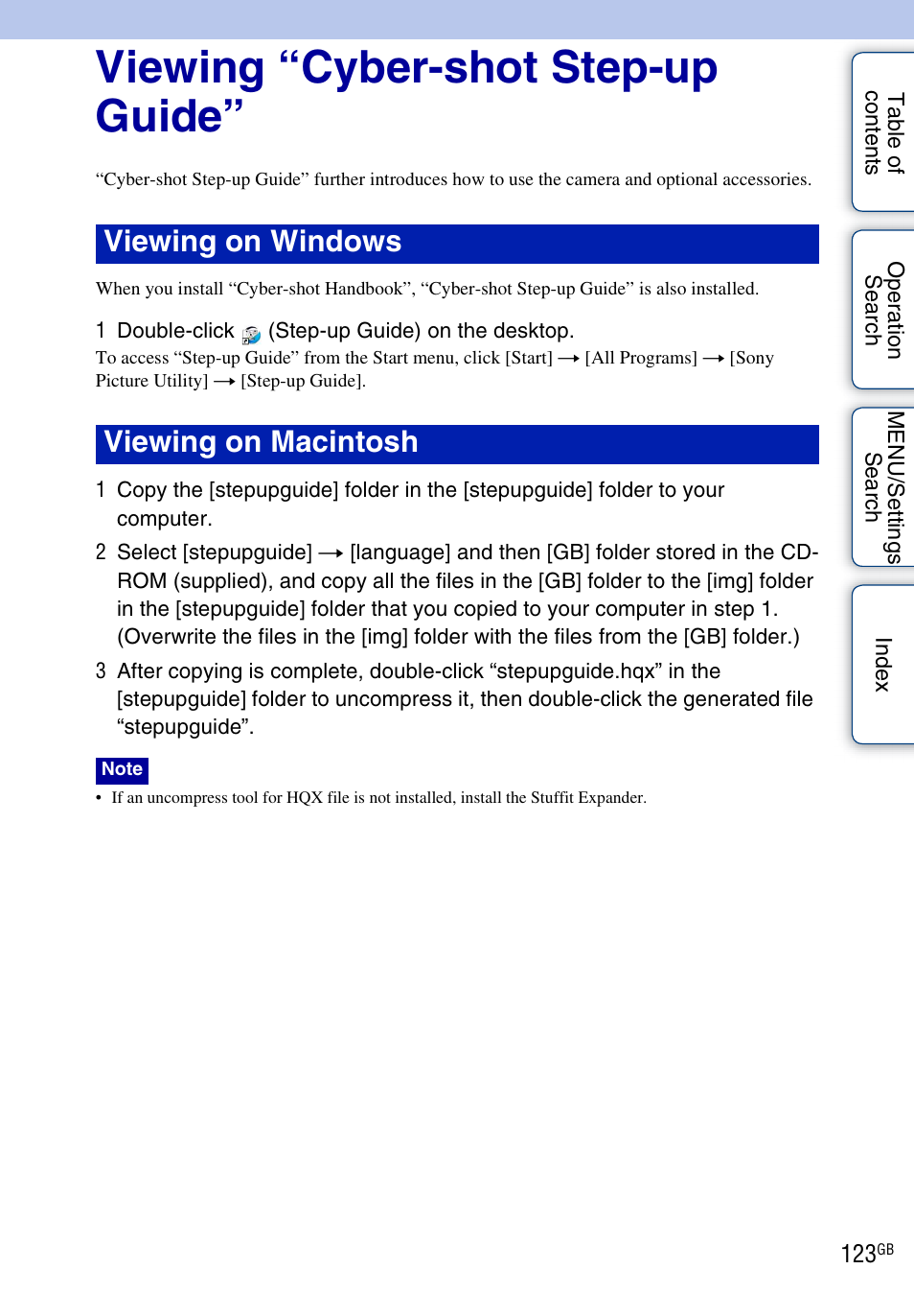 Viewing “cyber-shot step-up guide, Viewing on windows viewing on macintosh | Sony DSC-TX1 User Manual | Page 123 / 150