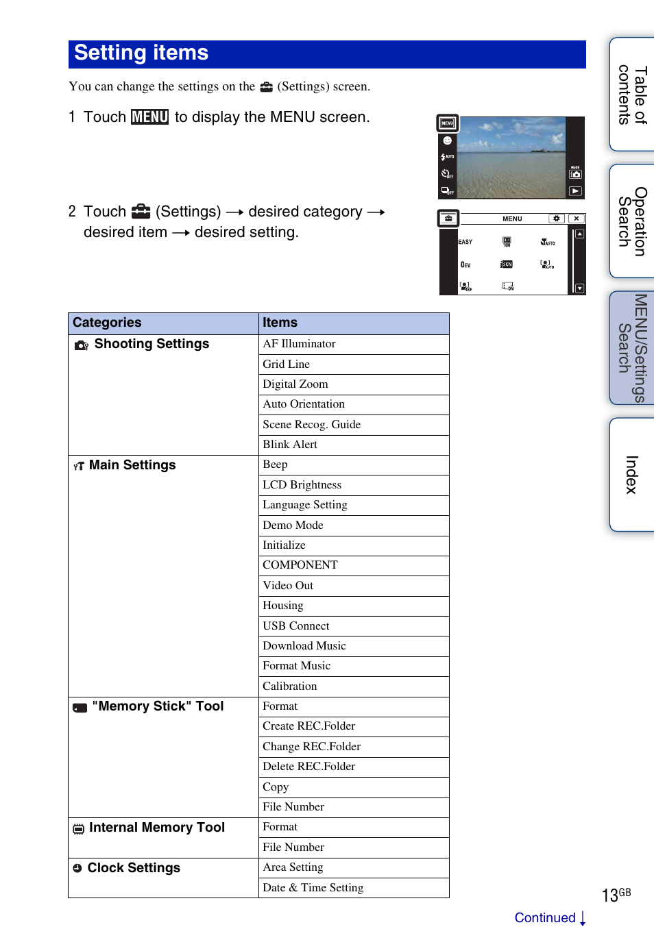 Setting items | Sony DSC-TX1 User Manual | Page 13 / 150