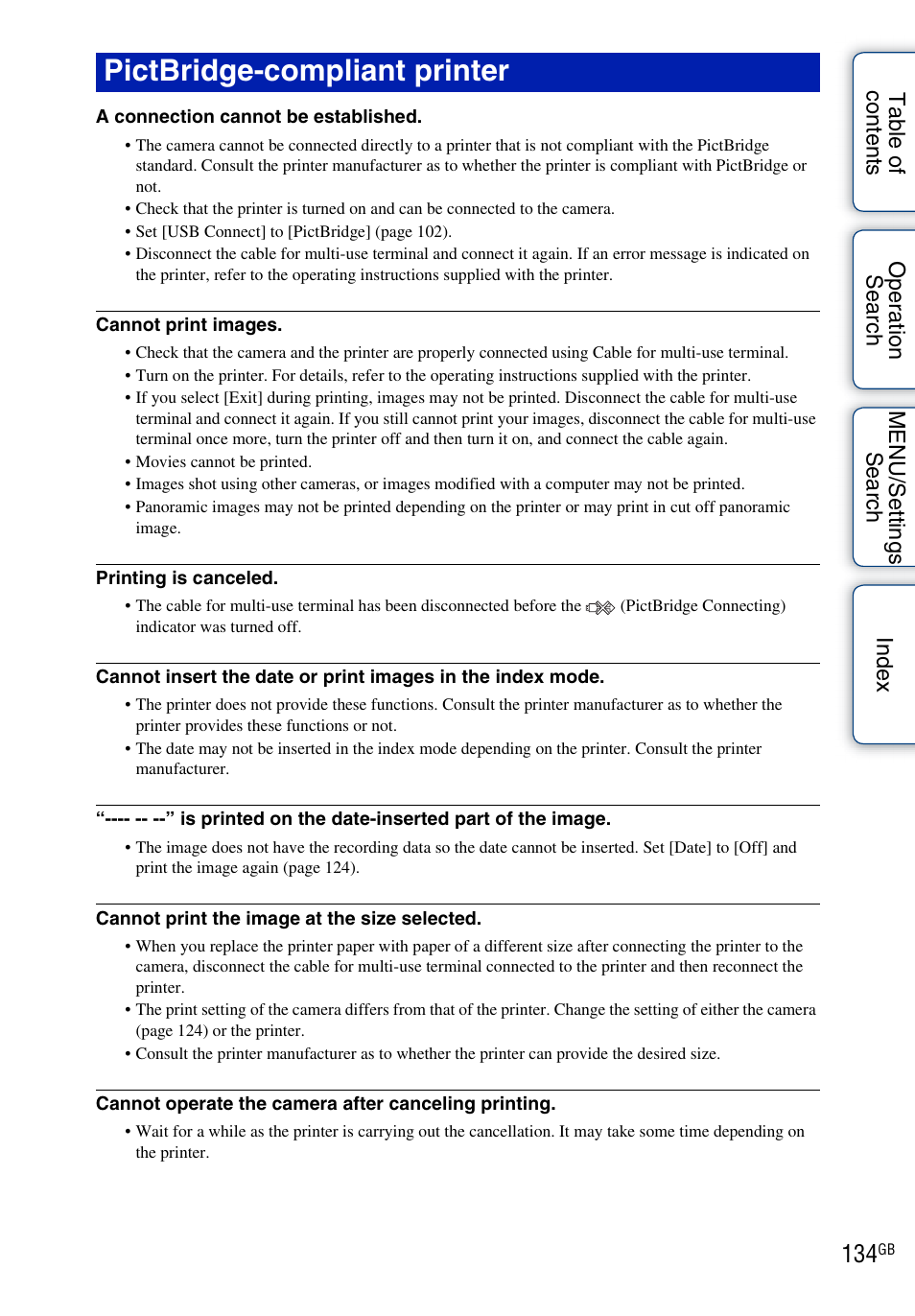 See “pictbridge-compliant printer, Pictbridge-compliant printer | Sony DSC-TX1 User Manual | Page 134 / 150